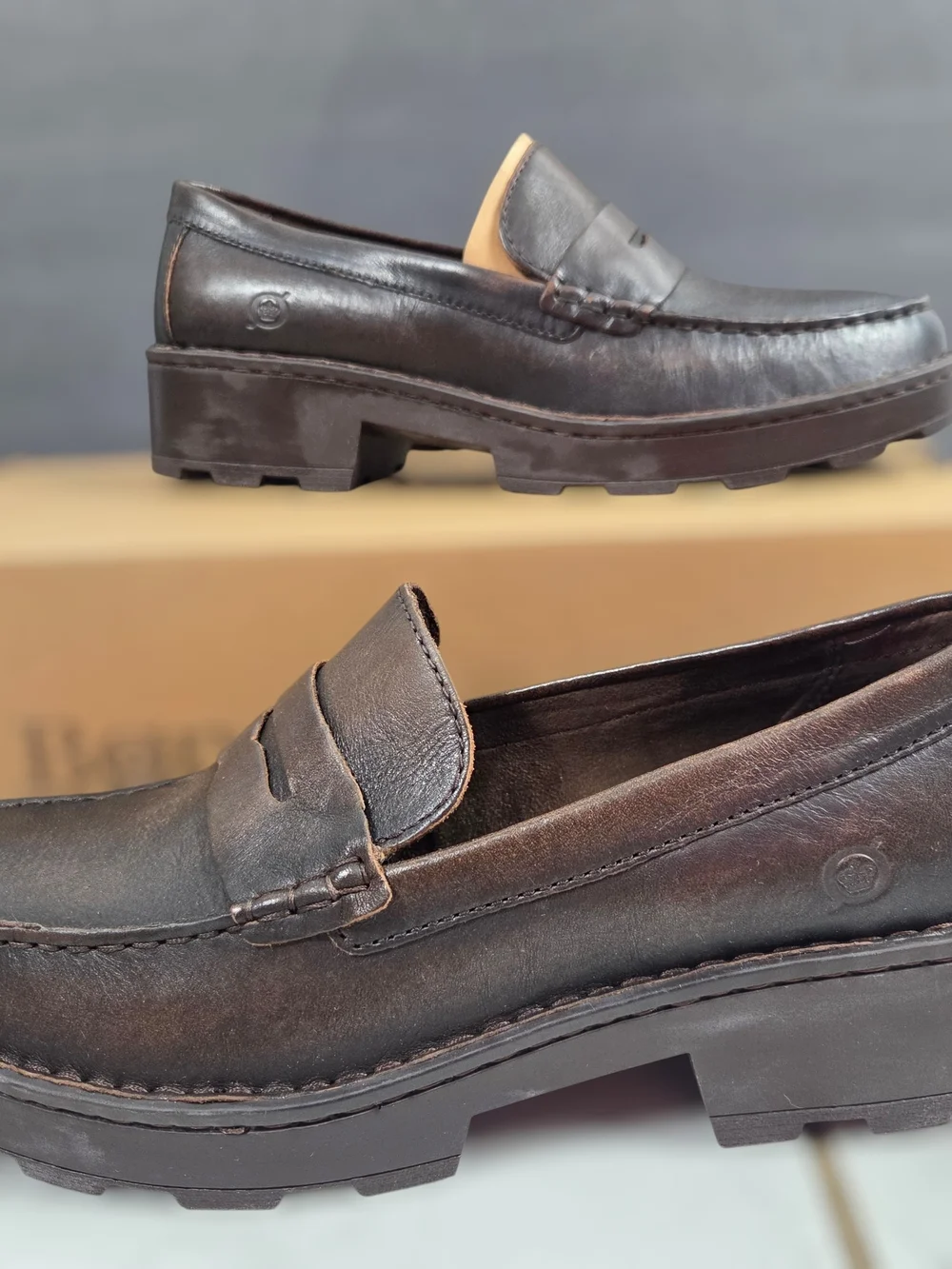 Born Women's Brown Carrera Leather Chunky Heel Penny Loafers
